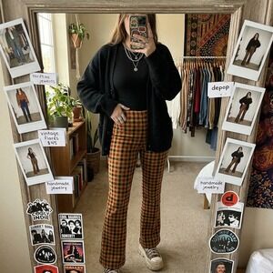 Maeve Anthropologie Womens XSP Plaid Kick Flare Pants Yellow Burgundy Checkered